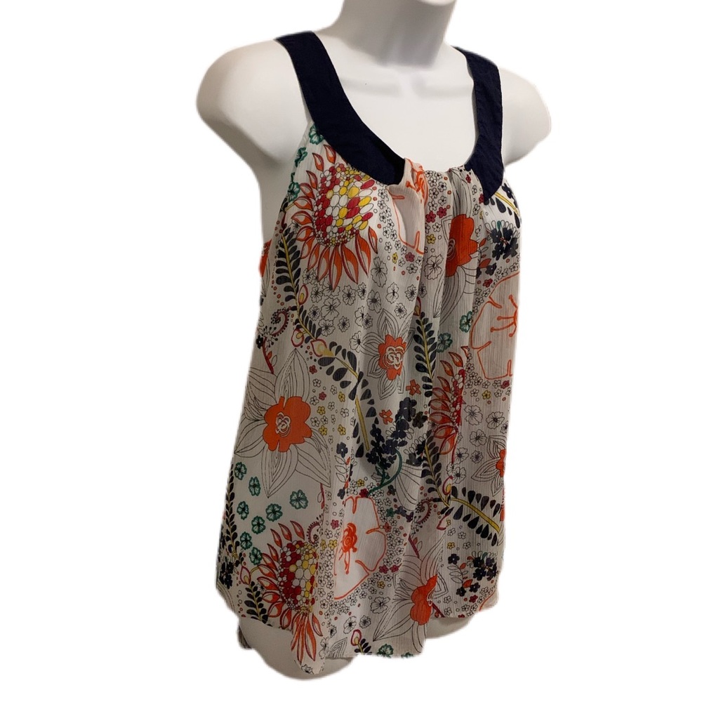 Floral Print Sleeveless Tank Top with Navy Trim
